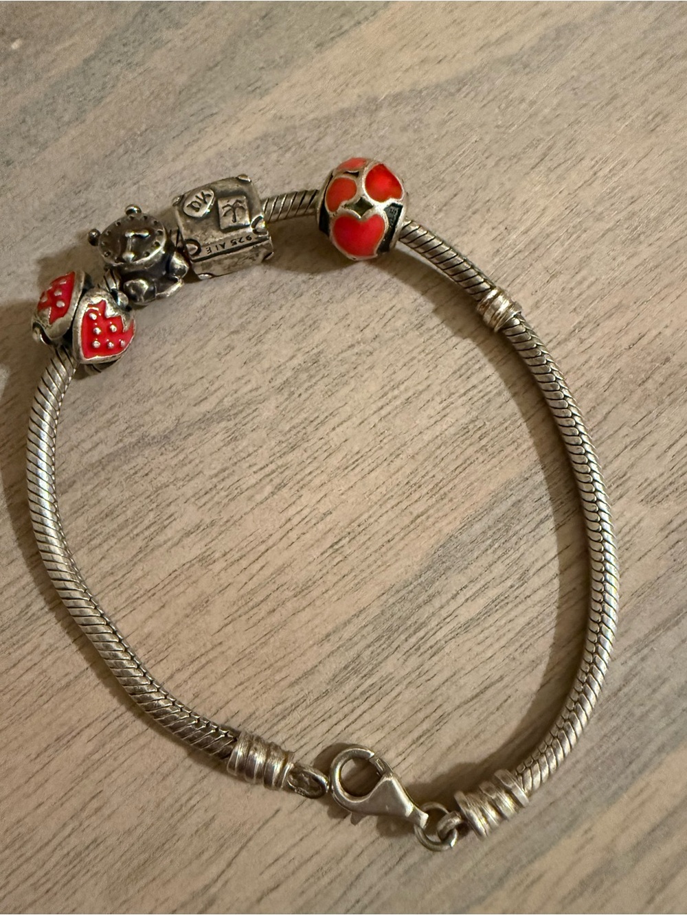 Pandora Silver Charm Bracelet with Red Enamel Charms 8in